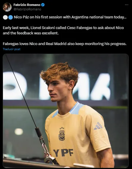 Nico Paz, en su primera convocatoria con la Selección Argentina (X @FabrizioRomano).
