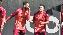 Pezzella y Acuña en el entrenamiento de River.