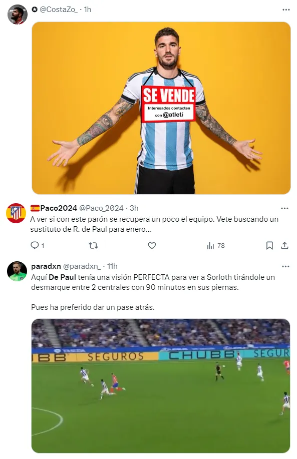 Reclamos y memes. Rodrigo De Paul fue el más apuntado por los hinchas del Atlético de Madrid por el empate ante la Real Sociedad.