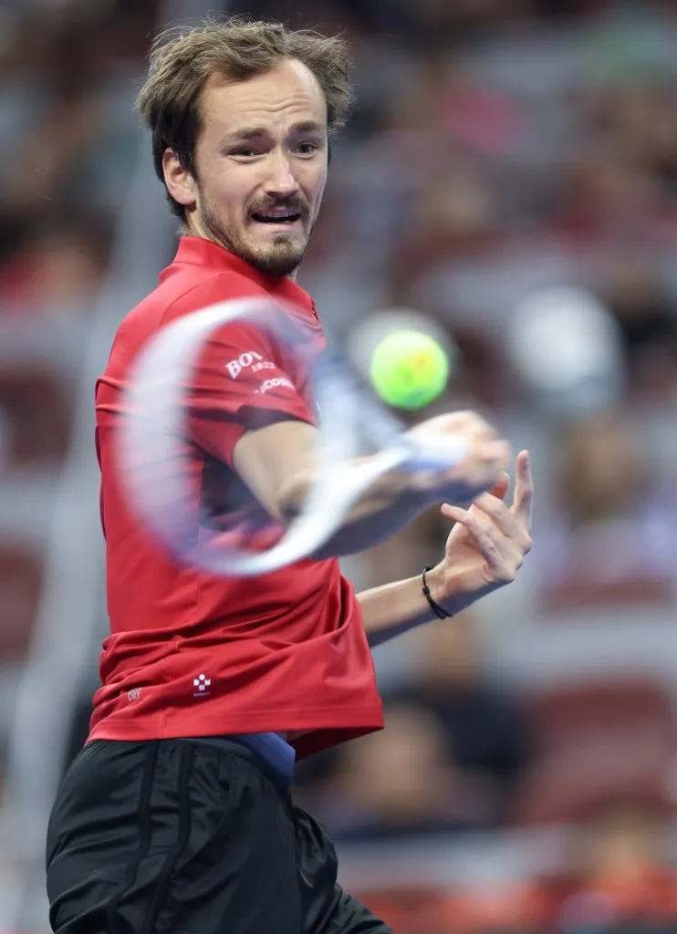 241001 — BEIJING, Oct. 1, 2024 — Daniil Medvedev of Russia hits a return during the men s singles semi-final match against Carlos Alcaraz of Spain at 2024 China Open tennis tournament in Beijing, capital of China, Oct. 1, 2024.  SPCHINA-BEIJING-TENNIS-CHINA OPEN-MEN S SINGLES CN BaixXuefei PUBLICATIONxNOTxINxCHN