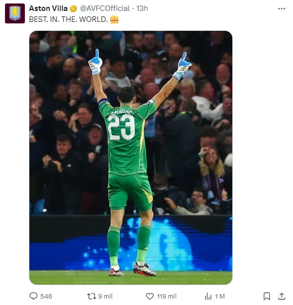 La publicación que el Aston Villa le dedicó al Dibu Martínez.