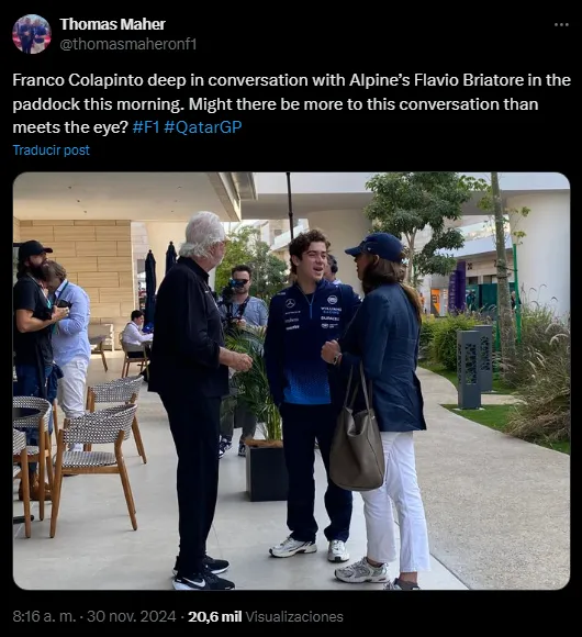Colapinto y su agente junto a Briatore (X @thomasmaheronf1).