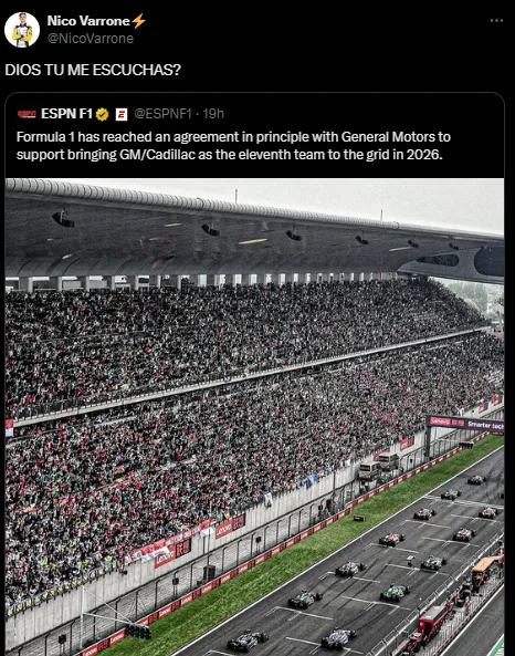 La reacción de Nico Varrone sobre la confirmación de Cadillac para 2026 (X @NicoVarrone).