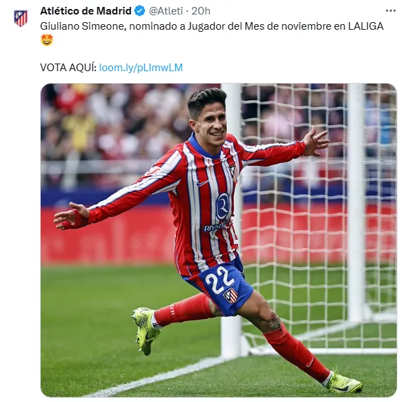 La publicación del Atlético de Madrid sobre la nominación de Giuliano Simeone como mejor jugador del mes de noviembre en LaLiga.