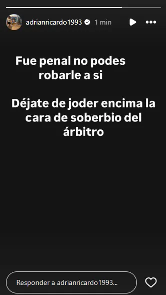 La historia de Centurión criticando a Echenique en Vélez vs. Lanús (Instagram @adrianricardo1993).