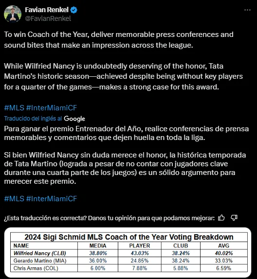 Tata Martino fue segundo en la votación a mejor DT de la MLS (X @FavianRenkel).