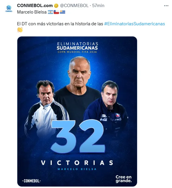 Marcelo Bielsa llegó a las 32 victorias en las Eliminatorias.