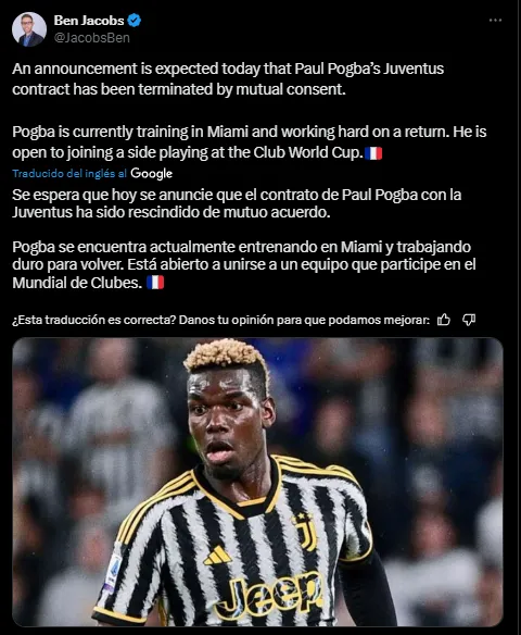 Pogba entrena en Miami y piensa en el Mundial de Clubes 2025 (X @JacobsBen).