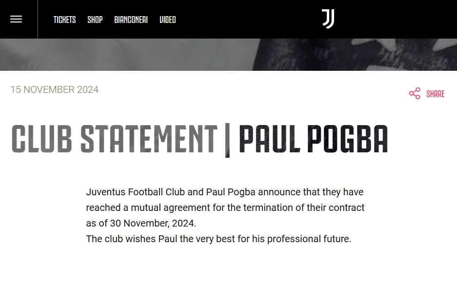 El comunicado con la rescisión de contrato de Paul Pogba en Juventus (Oficial).