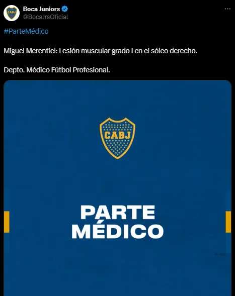 Boca confirmó la lesión de Merentiel (X @BocaJrsOficial).
