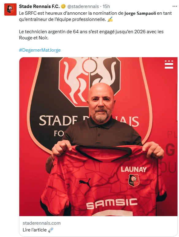 Así fue el anuncio del Stade Rennes en redes sociales.