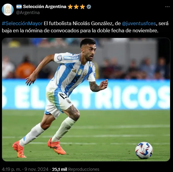 Nico González, desafectado de la Selección Argentina (X @Argentina).