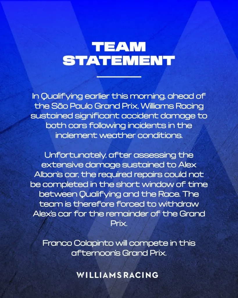 El comunicado de Williams (@williamsracing)