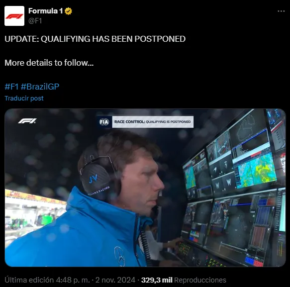 El anuncio de la Fórmula 1 con la suspensión de la clasificación (X @F1).