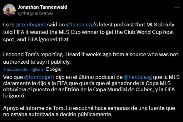 El periodista Jonathan Tannenwald coincide con Tom Bogert sobre la postura que tenía la MLS sobre la clasificación al Mundial de Clubes 2025 (X @thegoalkeeper).