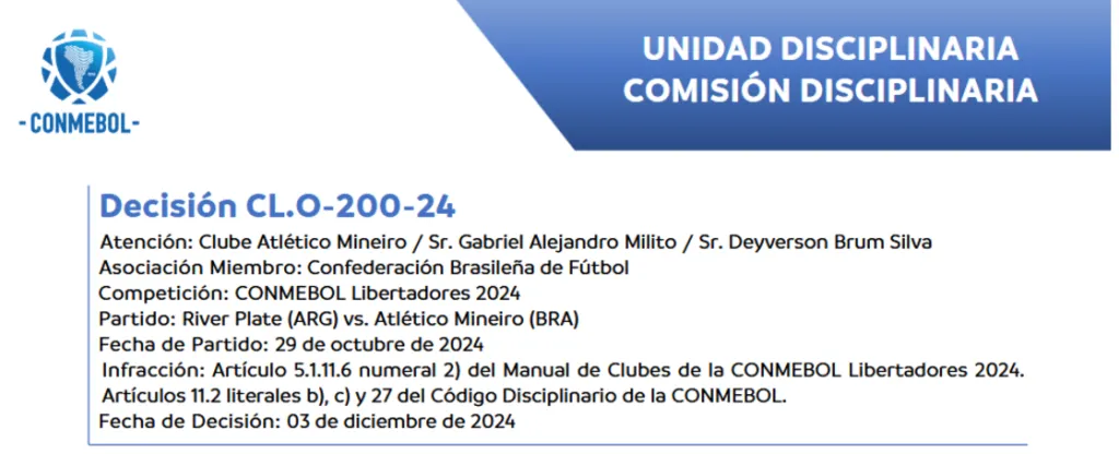 La sanción de Conmebol a Mineiro, Deyverson y Milito