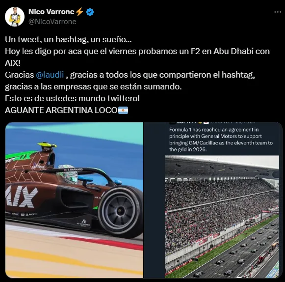 La confirmación de Nico Varrone sobre las pruebas de F2 (X @NicoVarrone).