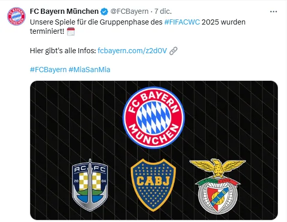 La publicación del Bayern Munich sobre el grupo que integrará en el Mundial de Clubes.