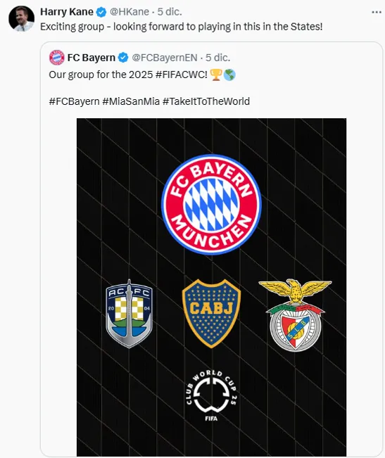 La publicación de Harry Kane sobre el Grupo C del Mundial de Clubes 2025.