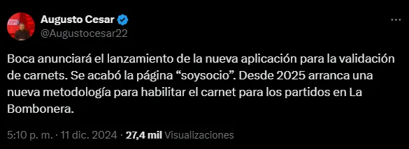 Lanzarán una app para la validación de carnets en Boca (X @Augustocesar22).
