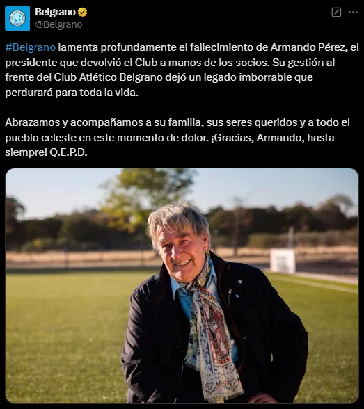 Belgrano confirmó la muerte de Armando Pérez (X @Belgrano).