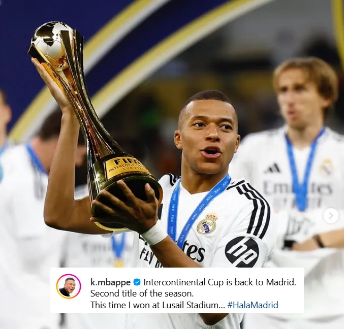 El posteo de Kylian Mbappé tras consagrarse en la Copa Intercontinental de Doha 2024.