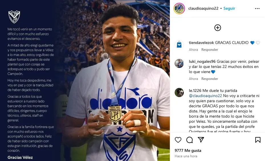 La despedida de Claudio Aquino de Vélez (Instagram @claudioaquino22).