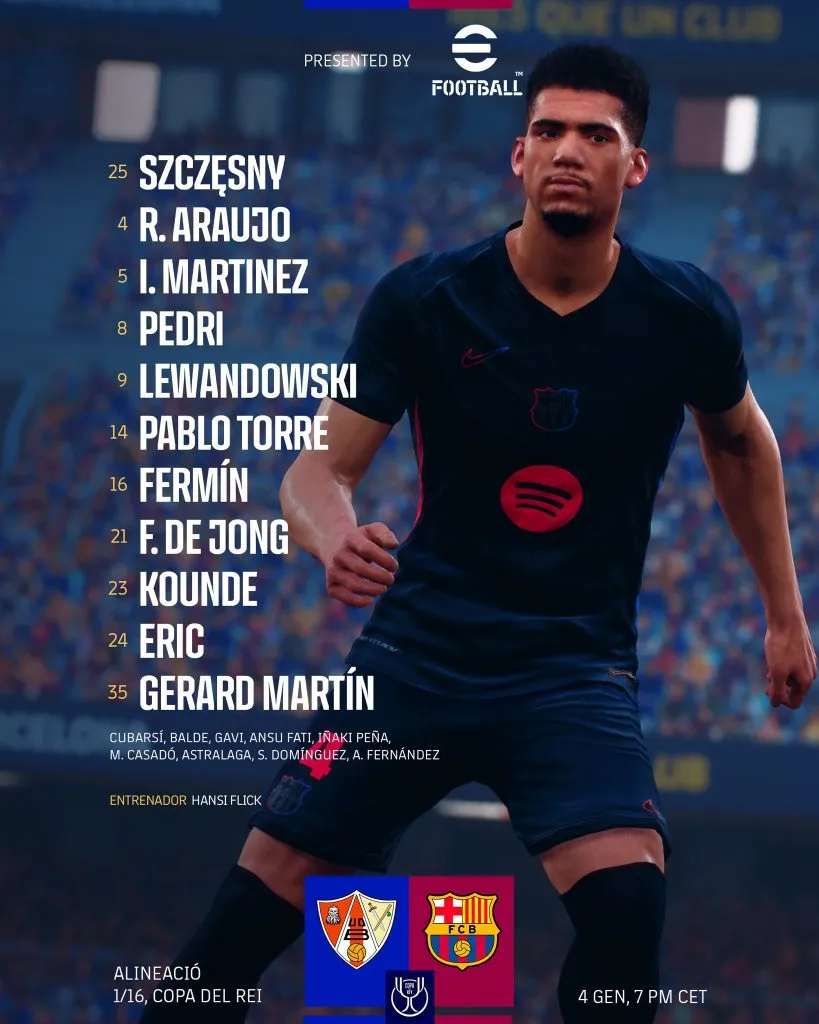 La alineación titular del Barcelona para enfrentar a Barbastro (X @FCBarcelona).