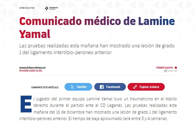 El comunicado de Barcelona sobre la lesión de Lamine Yamal.