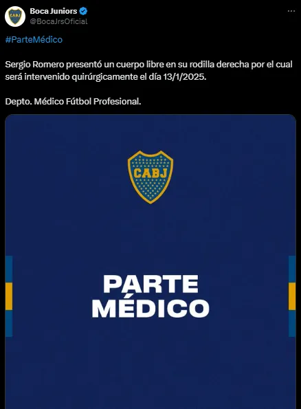 El parte médico de Boca sobre el estado de Sergio Romero (X @BocaJrsOficial).