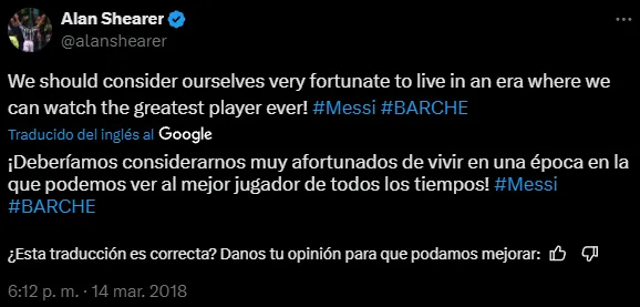 La primera vez que Alan Shearer eligió a Messi como el mejor (X @alanshearer).