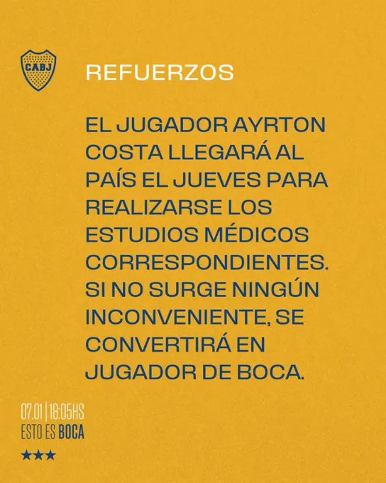El anuncio de Boca sobre el arribo de Ayrton Costa.