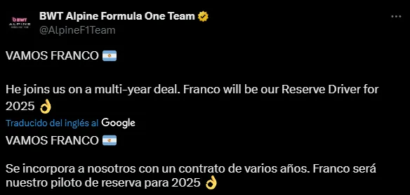 La confirmación de Alpine por Colapinto (X @AlpineF1Team).