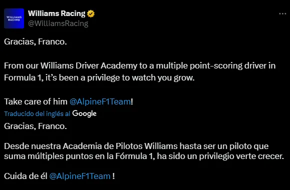 La despedida de Williams tras la confirmación de Colapinto a Alpine (X @WilliamsRacing).
