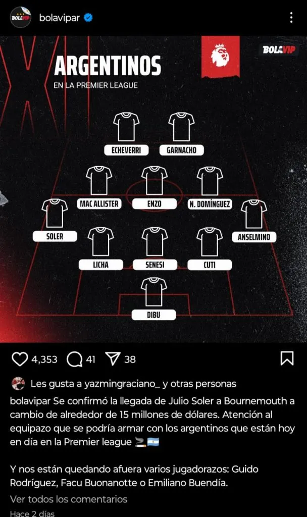 El once ideal de Bolavip con jugadores argentinos en la Premier League (Instagram @bolavipar)