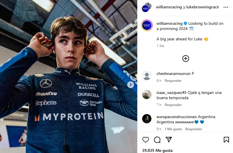 Luke Browning, el elegido de Williams para dejar atrás a Colapinto (Instagram @williamsracing).
