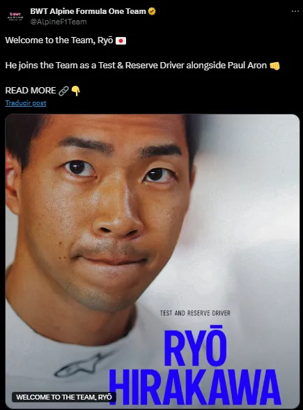 El anuncio de Alpine con Ryo Hirakawa como piloto reserva (X @AlpineF1Team).