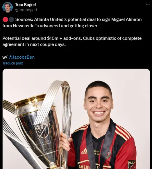 Miguel Almirón, cerca de un acuerdo para volver a Atlanta United (X @tombogert).