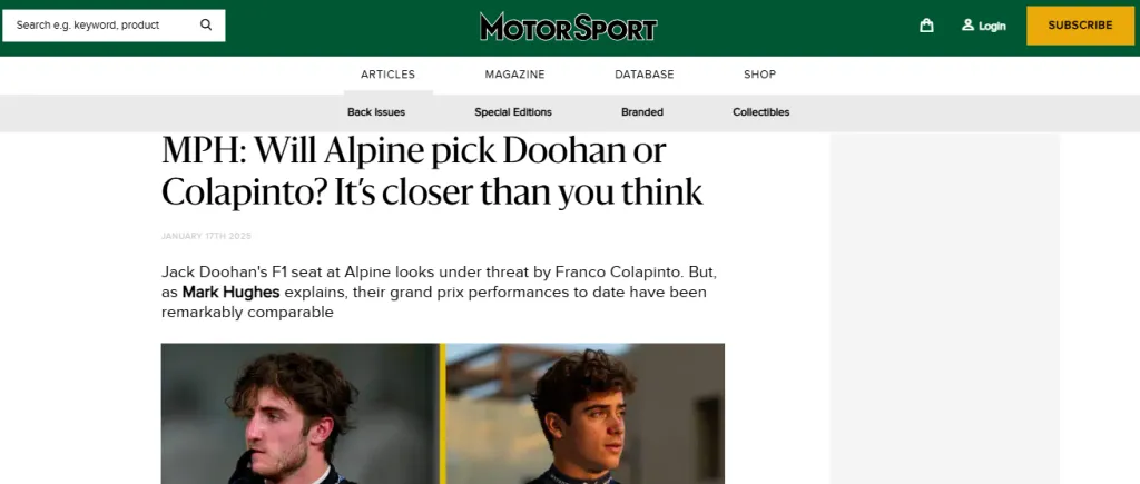 La columna de opinión que compara a Colapinto con Doohan (Motor Sport Magazine).