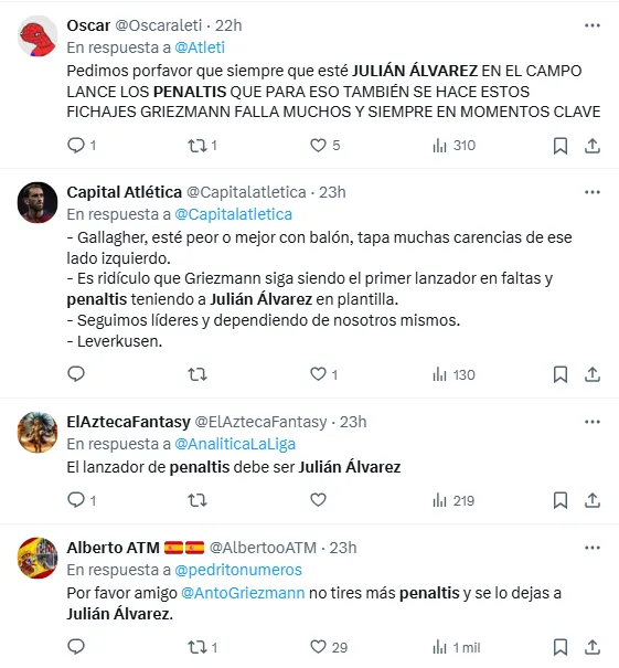 Los mensajes de los hinchas del Atlético de Madrid sobre quién debe ser el encargado de patear los penales.