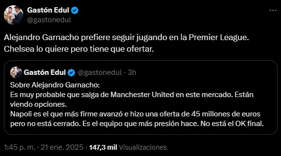 La preferencia de Garnacho es por Chelsea (X @gastonedul).