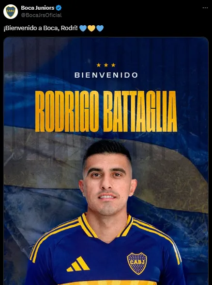 La presentación de Rodrigo Battaglia en las redes sociales de Boca (X @BocaJrsOficial).