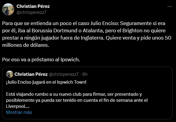 Así fue como Ipswich Town se quedó con Julio Enciso (X @chrisperezz7).