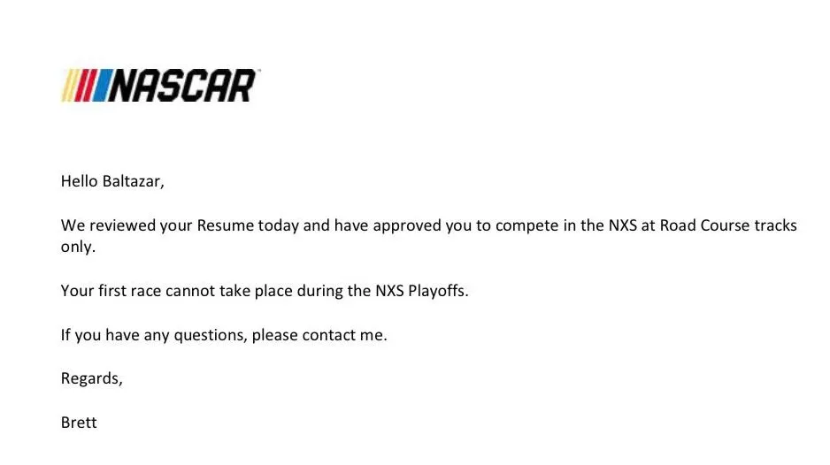La carta de Nascar con el permiso para correr de Baltasar Leguizamón (X @baltaleguizamon).