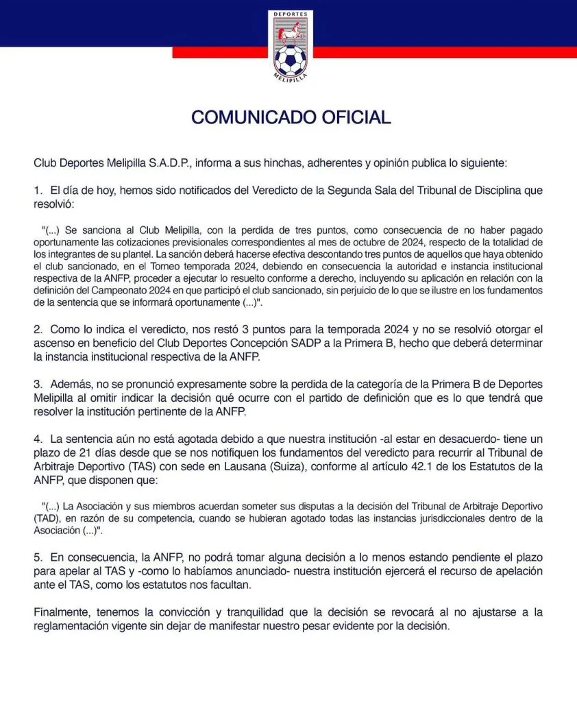 Comunicado del Deportes Melipilla.