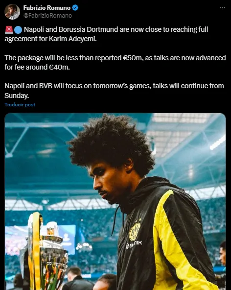 Napoli y Dortmund, cerca de acordar por Adeyemi (X @FabrizioRomano).