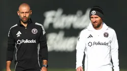 Javier Mascherano, junto a Lionel Messi en una práctica de Inter Miami.