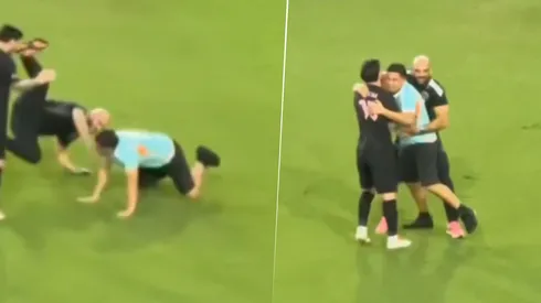 Yassine Cheuko, guardaespaldas de Lionel Messi, cayó al césped del campo de juego al chocar con un hincha en Panamá.