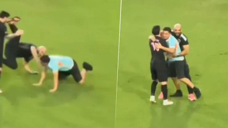 Yassine Cheuko, guardaespaldas de Lionel Messi, cayó al césped del campo de juego al chocar con un hincha en Panamá.