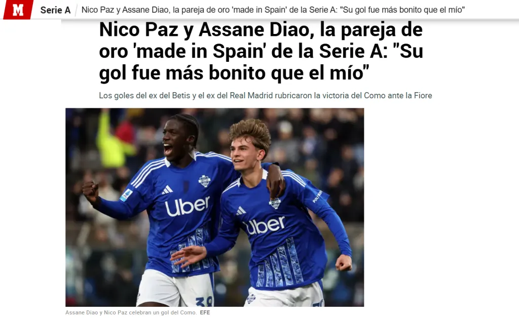 La publicación del diario Marca sobre Nico Paz y Assane Diao.